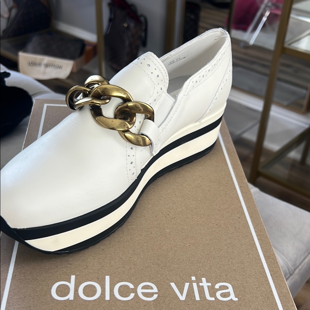 Dolce Vita Women's White Platform Loafers with Gold Chain